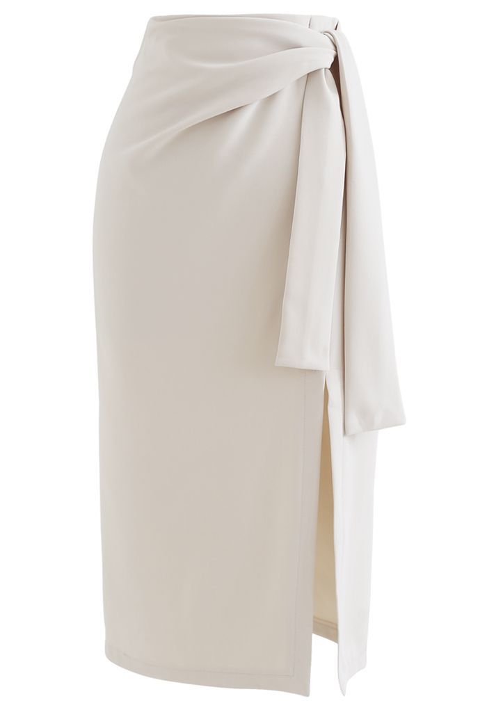 Tie Waist Front Split Pencil Skirt in Cream | Chicwish