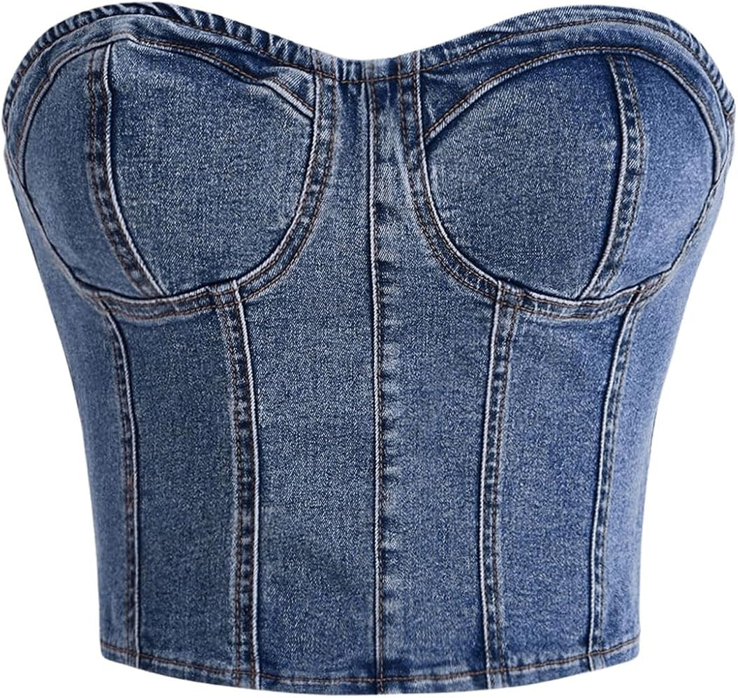 MakeMeChic Women's Denim Tube Top Shirred Sleeveless Bustier Tops Strapless Bandeau Y2k Crop Tops | Amazon (US)
