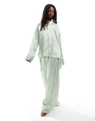 ASOS DESIGN satin pyjama shirt & wide leg trouser co-ord in sage green | ASOS | ASOS (Global)