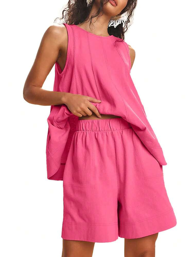 Women's 2pcs Sleeveless Matching Sets A Line Tank Tops Contrast Stitching High Waist Shorts With Pockets | SHEIN