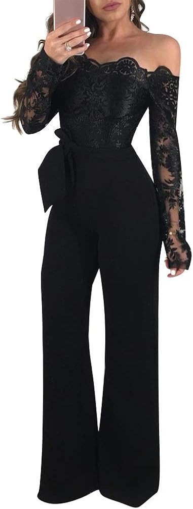 IWEMEK Women Elegant Off Shoulder Floral Lace Slim Long Jumpsuit Pants High Waist Casual Bodycon ... | Amazon (US)