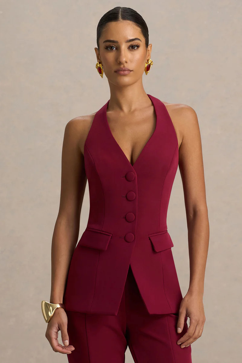 Tecla  Burgundy Button-Up Tailored Waistcoat | Club L London