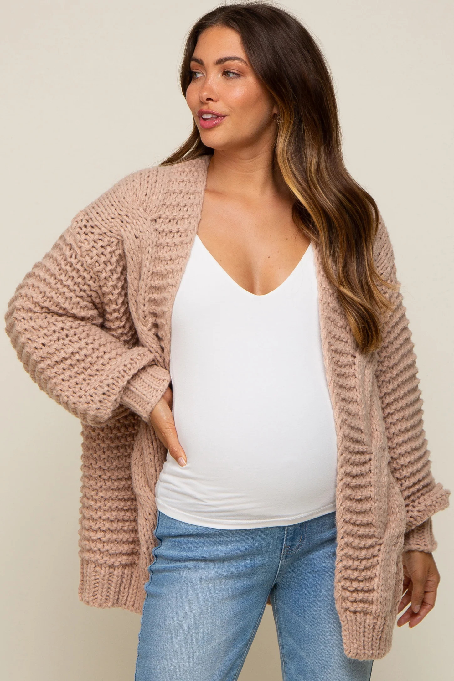 Beige Chunky Knit Maternity Cardigan | PinkBlush Maternity
