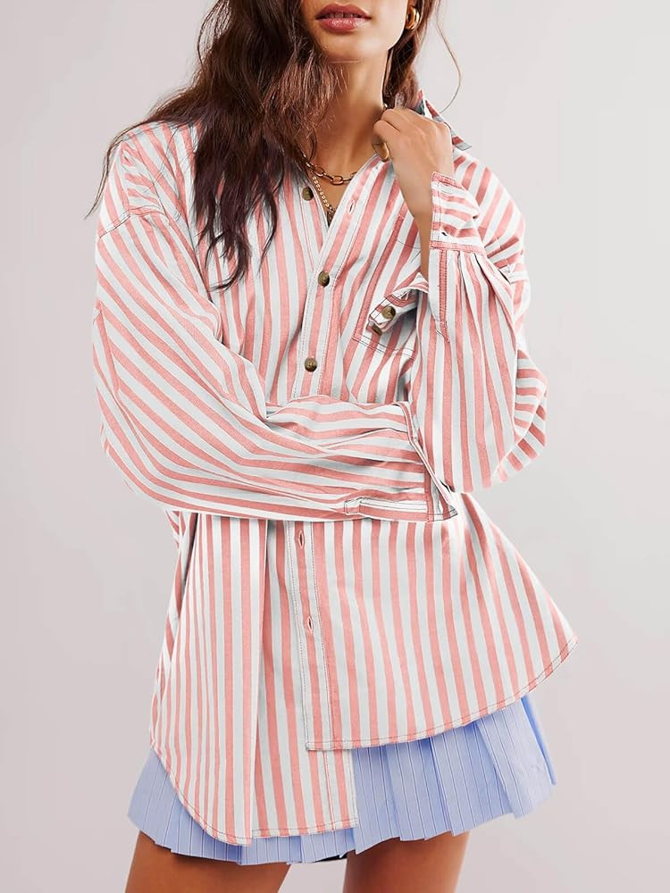 Cicy Bell Womens Oversized Striped Button Down Shirts Boyfriend Long Sleeve Collared Work Blouses | Amazon (US)