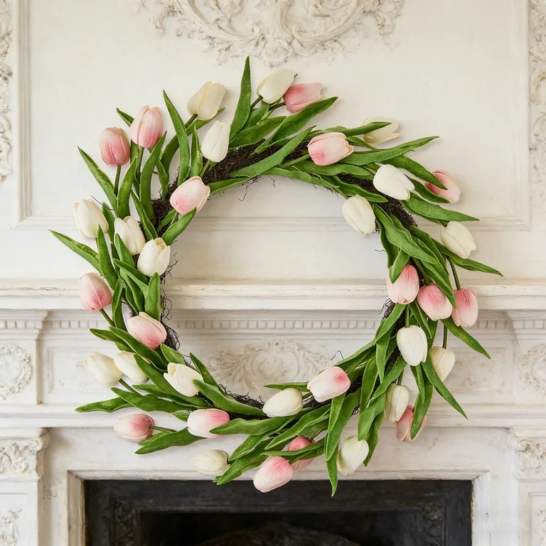Artificial Tulip Wreath for Front Door - Spring Floral Wreath with White and Colored Tulips, Fake... | Walmart (US)