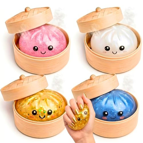 Partymelon Glitter Dumpling Squishy Mystery Box 4 Pcs - 2026 Upgraded Dumplings Squishes for Adults Teens Squeeze Easter Basket Stuffers Smiling White Pink Blue Gold | Amazon (US)