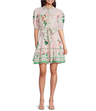 Floral Printed Linen Point Collar Short Bubble Sleeve Button Front Tie Waist Mini Dress | Dillard's