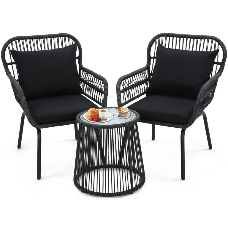 LOGYAT 3 Piece Rattan Bistro, Outdoor Parlor Set, Rattan Furniture Set with Glass Tabletop for Ba... | Walmart (US)