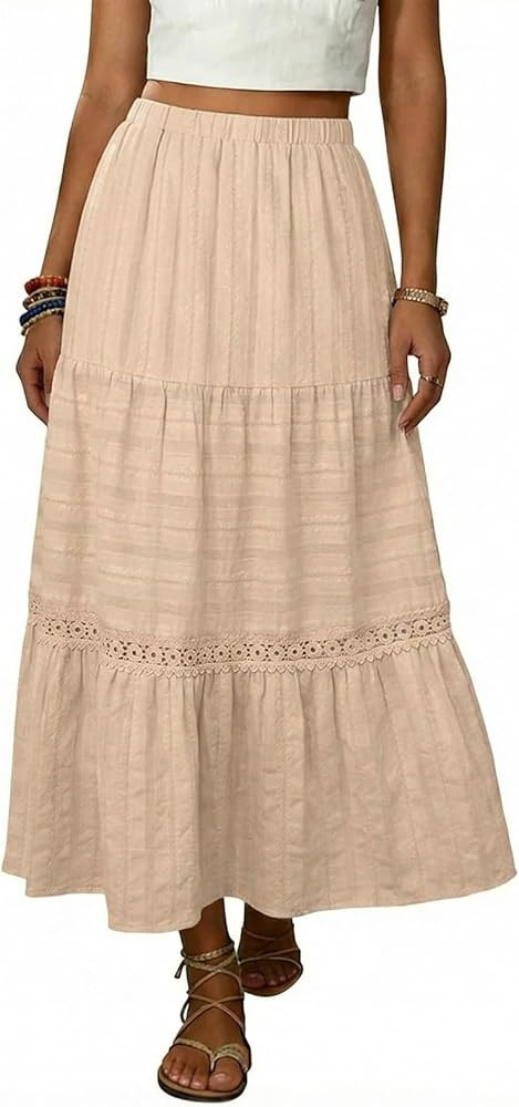 BLENCOT Long Skirts for Women Boho Crochet Lace High Waisted A-Line Cotton Tiered Maxi Skirt | Amazon (US)