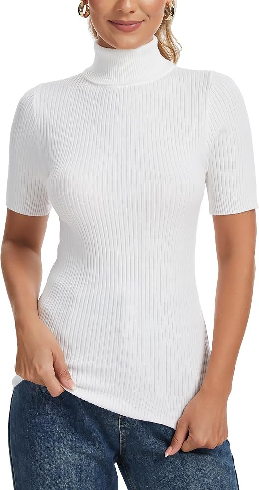 Women's Fall Short Sleeve Sweater Turtleneck Pullover Tops Winter Basic Ribbed Knit Slim Fitted C... | Amazon (US)