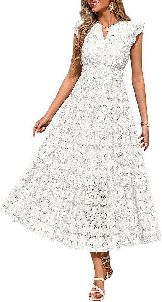 PRETTYGARDEN Womens Boho Maxi Dresses 2026 Summer Floral Lace Eyelet V Neck Spring Wedding Guest ... | Amazon (US)