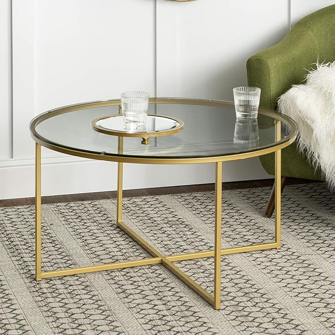 Walker Edison Cora Modern Round Faux Glass Top Coffee Table with X Base, 36 Inch, Glass and Gold | Amazon (US)