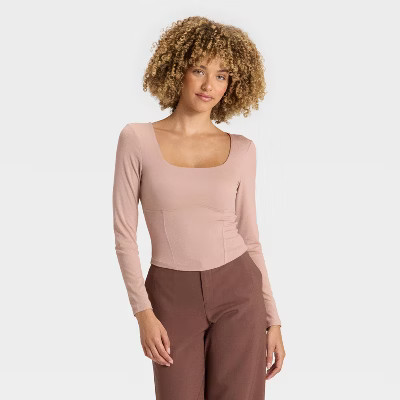 Women's Slim Fit Long Sleeve Corset Top - A New Day™ Pink S | Target