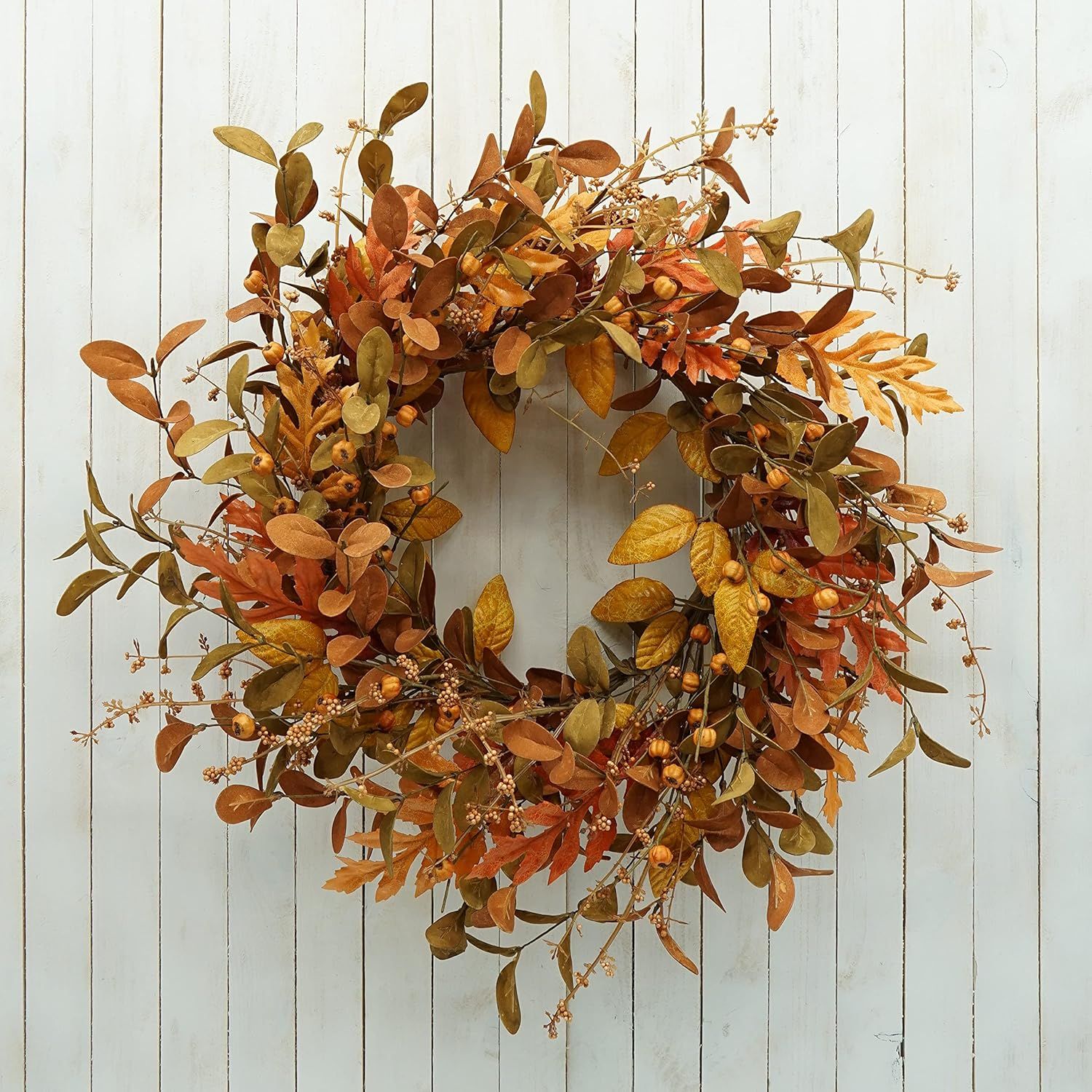 AMF0RESJ Artificial Fall Wreath for Front Door Autumn Wreath with Bright Oak Leaves,Small Pumpkin... | Amazon (US)