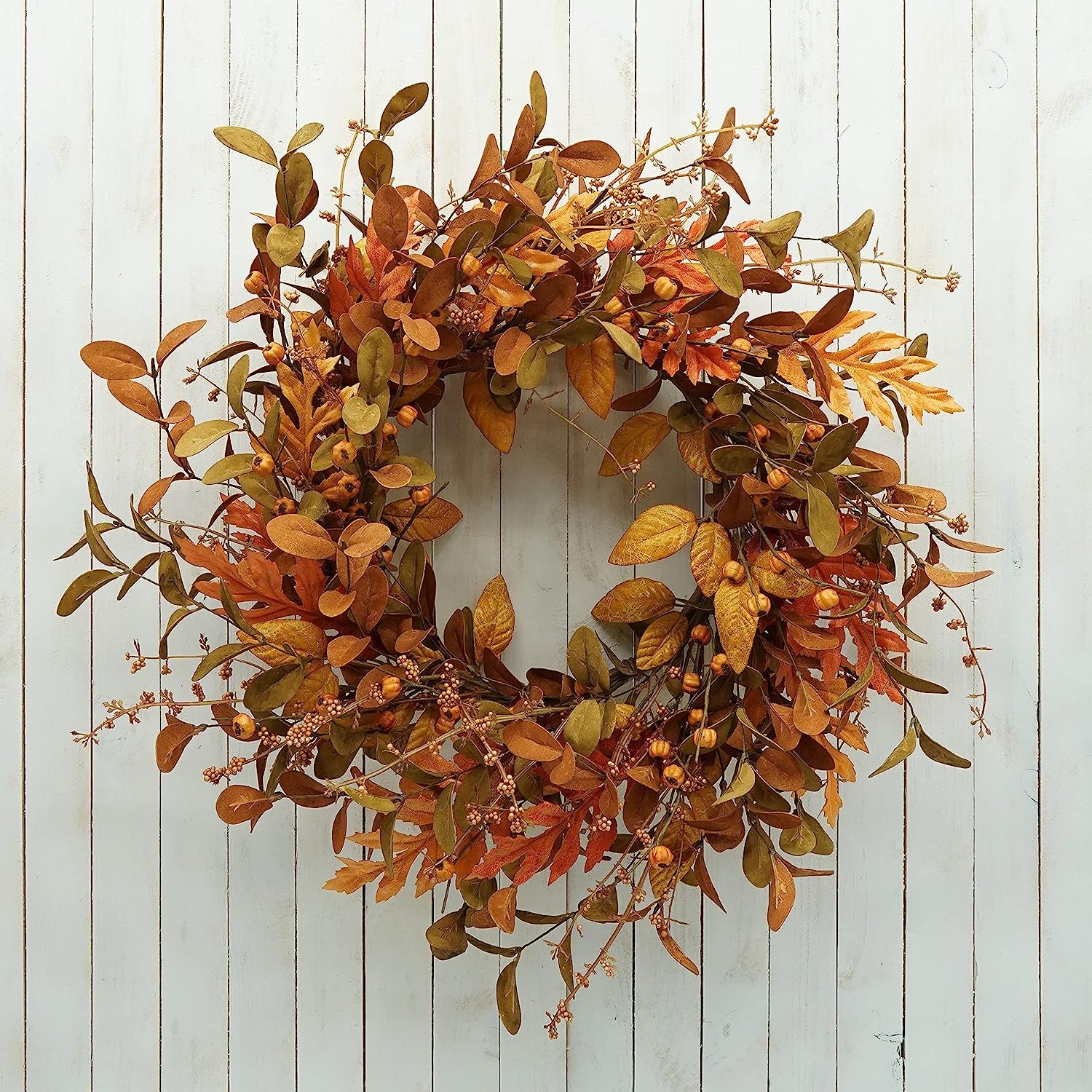 AMF0RESJ Artificial Fall Wreath for Front Door Autumn Wreath with Bright Oak Leaves,Small Pumpkin... | Amazon (US)