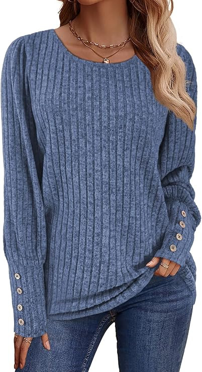 Lylinan Womens Ribbed Knit Long Sleeve Tops Casual Button Cuff Pullover Sweaters Blouses S-XXL | Amazon (US)
