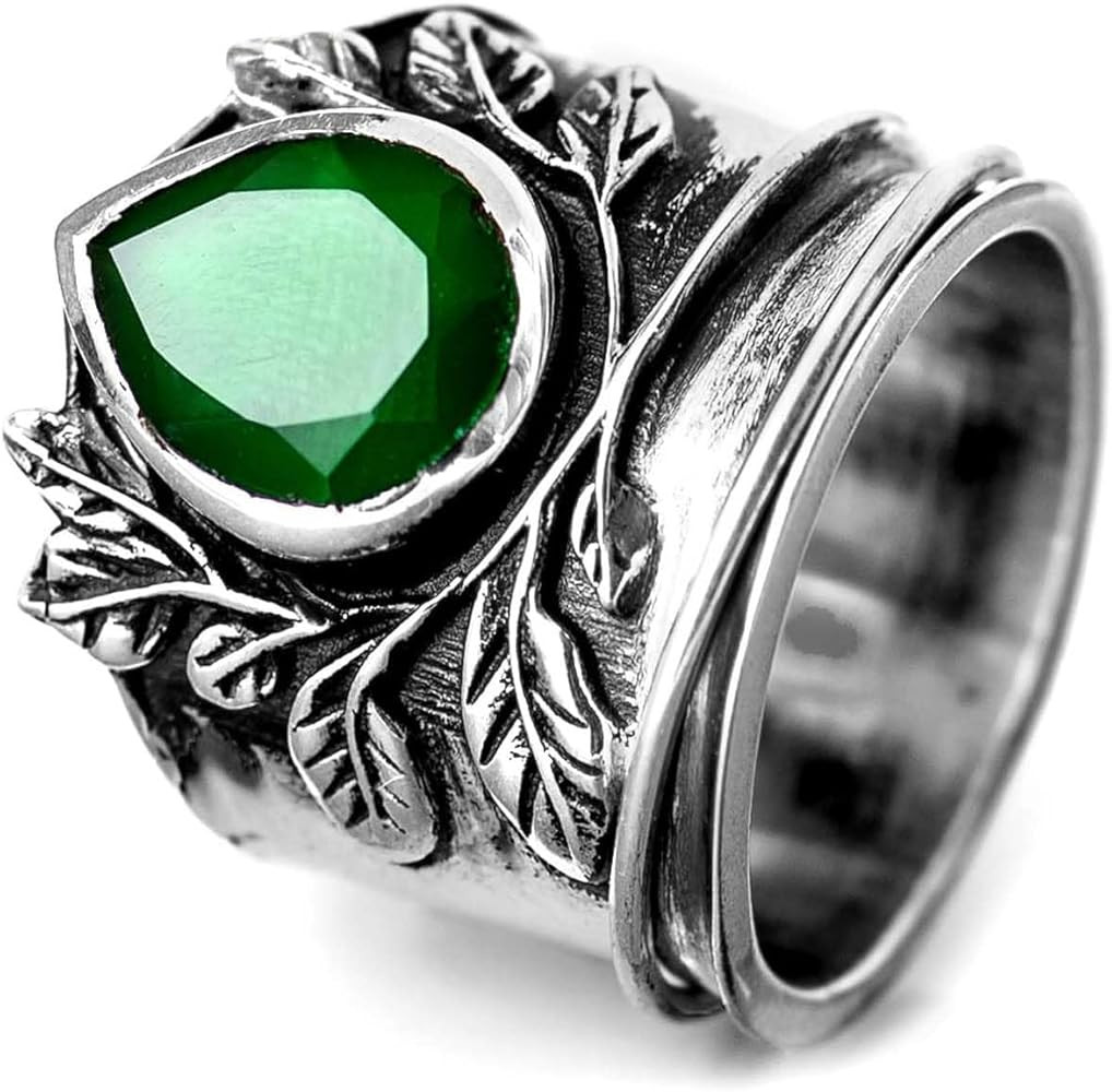 Boho-Magic Green Onyx Leaves Spinner Fidget Ring for Women 925 Sterling Silver Wide Band | Amazon (US)