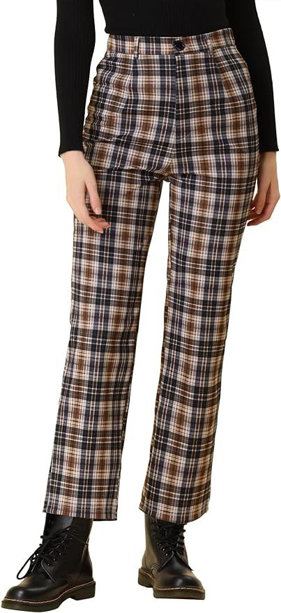 Allegra K Women's Plaid Cropped Trousers Button Casual Tartan Check Work Pants | Amazon (US)