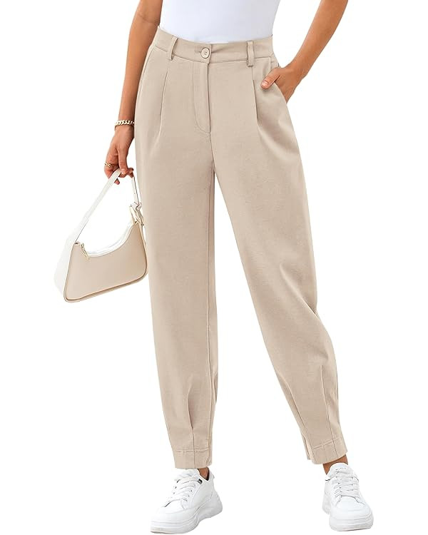 CFLONGE Women's Summer High Waisted Pants for Women 2024 Casual Ankle Length Pant for Work Office... | Amazon (US)