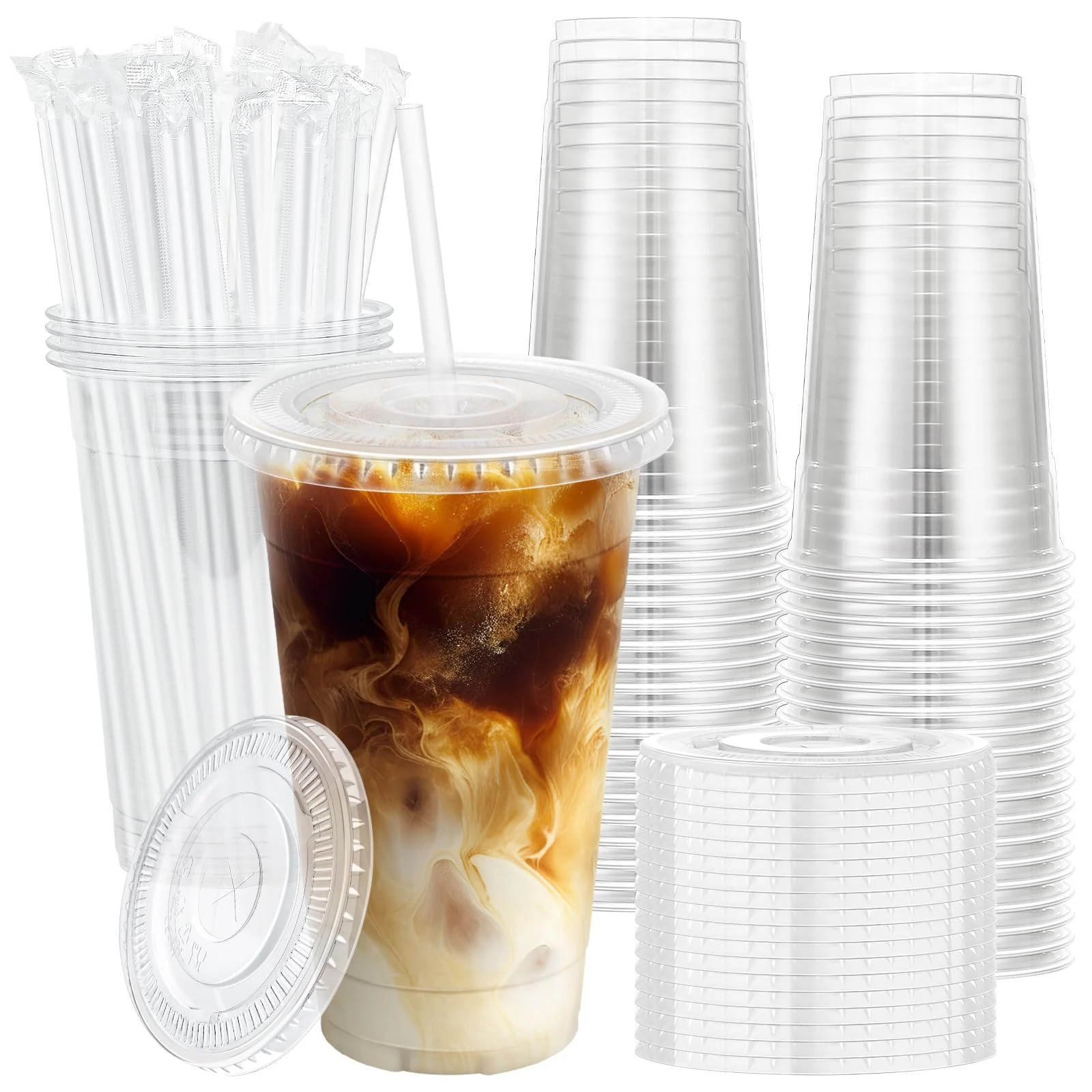 Afoxsos 100 pack 20 oz clear plastic cups with lids and straws disposable iced coffee cups for cold drinks smoothies slushie parties and events | Lowe's