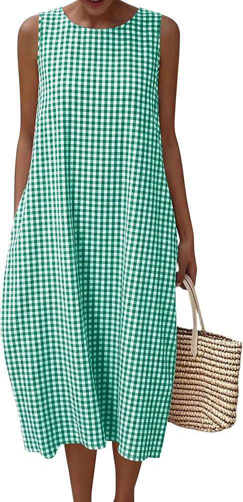 LOMON Summer Dresses for Women Cotton Casual Maxi Dress Beach Vacation Long Sundresses Plaid Stri... | Amazon (US)
