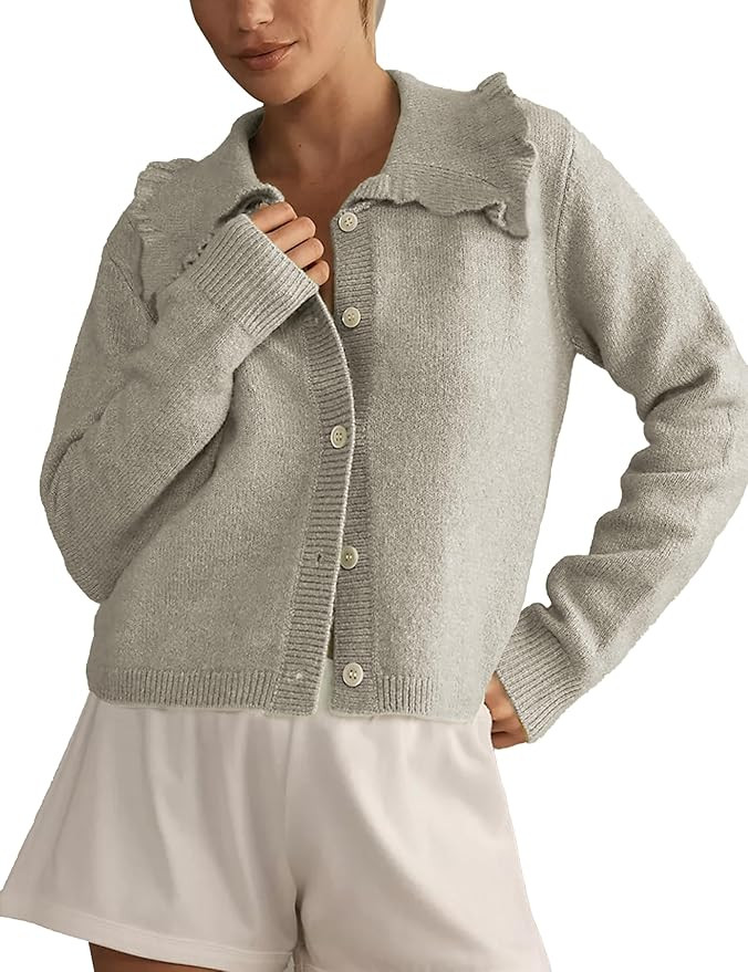 Womens Ruffle Cropped Sweater Open Front Outerwear Elegant Long Sleeve Knitted Cardigan Button Ja... | Amazon (US)