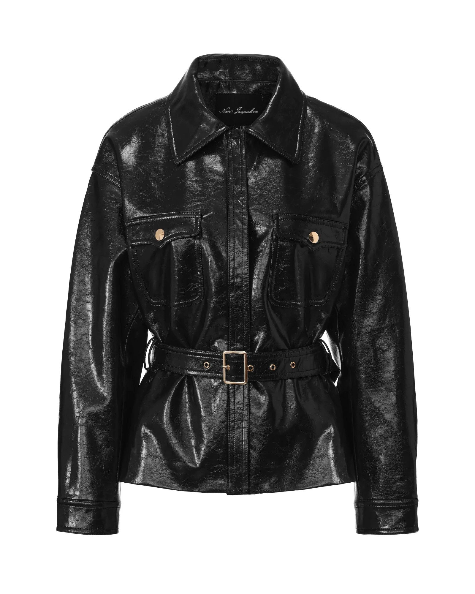 Isabella Vegan Leather Jacket (Black) | Waist Belted Black Jacket | Nana Jacqueline