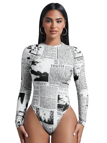 WDIRARA Women's Newspaper Print Long Sleeve Round Neck Knitted Stretchy Slim Fit Bodysuit | Amazon (US)