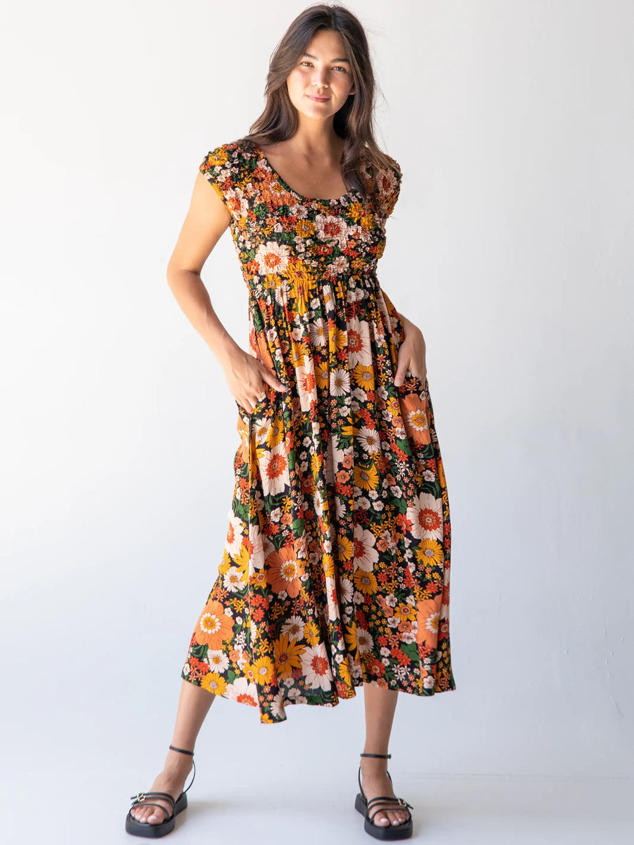 Clara Smocked Midi Dress - Orange Floral | Natural Life