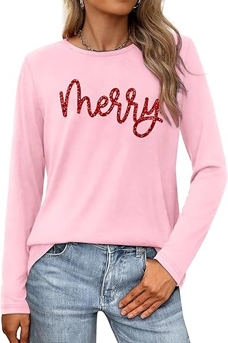 Christmas Shirts for Women: Merry Christmas Long Sleeve Shirt Cute Xmas Tree Holiday Pullover Top... | Amazon (US)