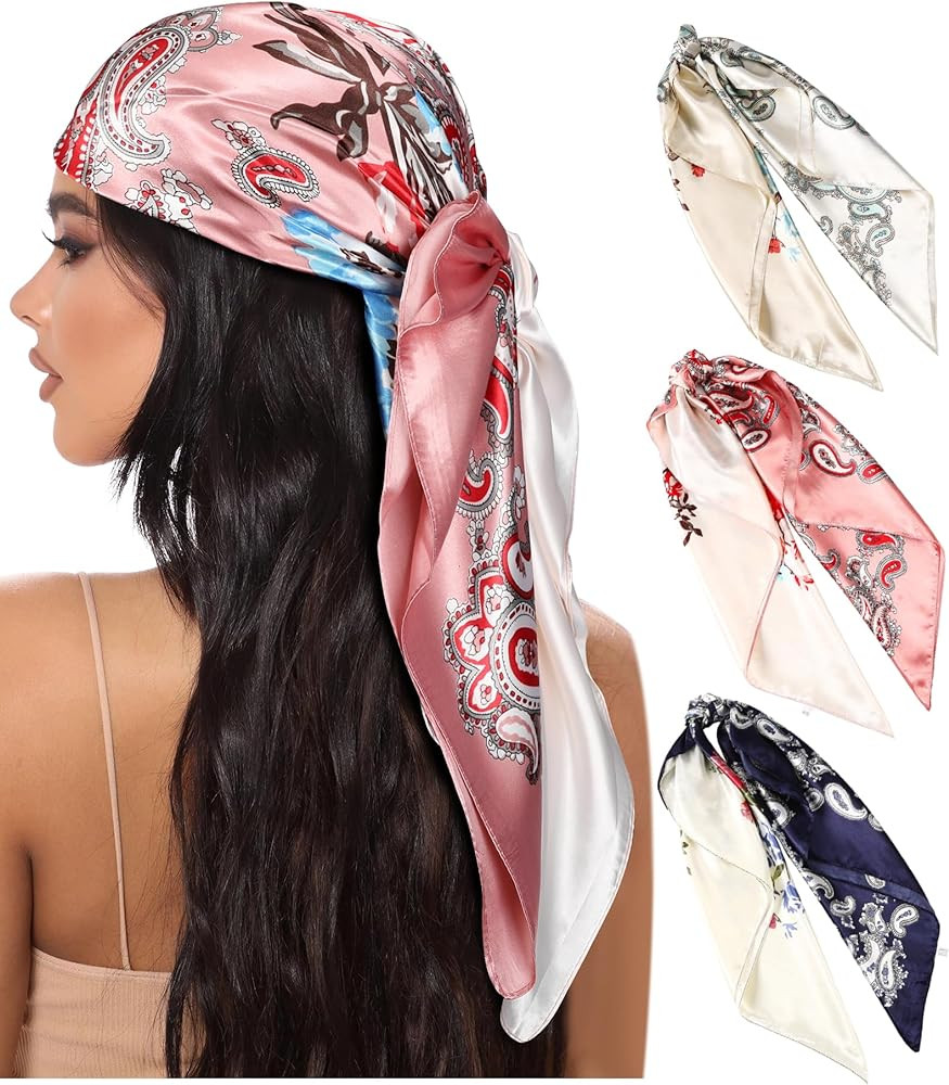 AWAYTR 35” Large Square Satin Head Scarf - 3Pcs Satin Hair Scarves Silk Bandana Scarf Headscarf... | Amazon (US)