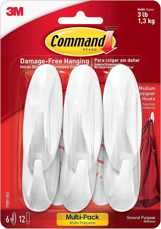 Command Medium Designer Hooks, 6 Hooks and 12 Strips, Damage-Free Hanging Wall Hook with Adhesive... | Amazon (US)