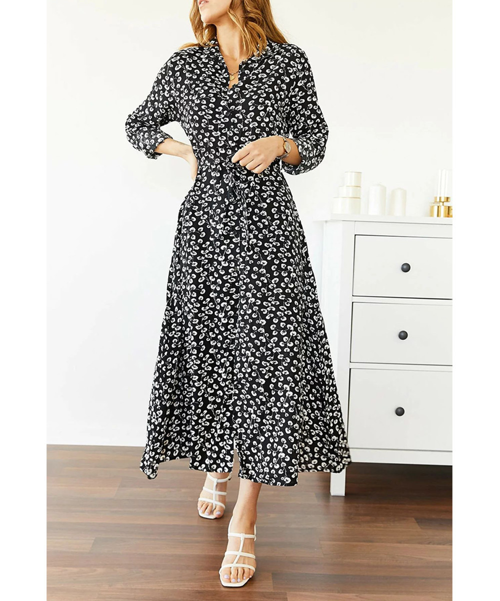 New Laviva Women's Casual Dresses Black - Black Floral Tie-Waist Shirt Dress - Women | Zulily