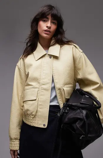 Topshop Textured Faux Leather Crop Bomber Jacket in Buttermilk at Nordstrom Rack, Size Large | Nordstrom Rack