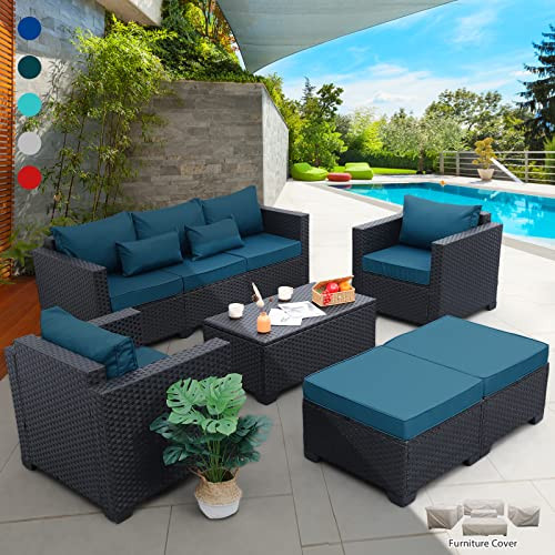 Rattaner Patio Furniture Set 6 Pieces Couch Outdoor Chairs Coffee Table Peacock Blue Anti-Slip Cu... | Amazon (US)