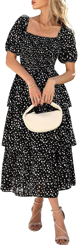 BTFBM Womens Square Neck Smocked Dress Summer Puff Short Sleeve Floral Casual Ruffle Tiered Maxi ... | Amazon (US)