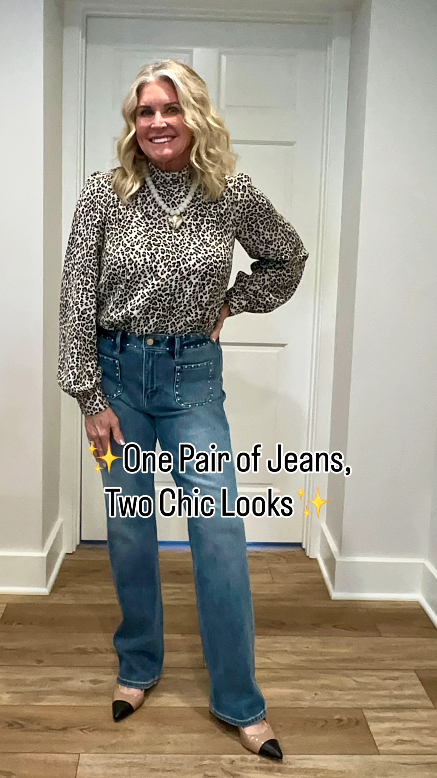 Merry belated Christmas to me 🎁✨ because these White House Black Market jeans were an after-Christmas sale find and I’m officially obsessed.

The studded details elevate them beyond a basic denim, and the fit is SO good — slimming, flattering, and giving legs for days (especially for us average-height girls 🙋‍♀️).  NOTE:  these come in short, regular and tall lengths!

I styled them two ways to show how versatile they are:
• A chunky heel slingback for a chic daytime or dinner look
• A kitten-heel brown boot to instantly take it into night-out territory

Paired with a leopard blouse (an oldie but a goodie — linking a similar option), a trendy chunky heart necklace, and finished with a classic Tory Burch crossbody.

Easy, polished, and ready for day or night. Everything linked here 🤍 

 #LTKootd #LTKOver40 #LTKFindsUnder100