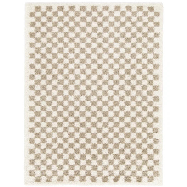 Tapscott Soft High Pile Machine Woven Chequered Beige/White Rug | Wayfair UK