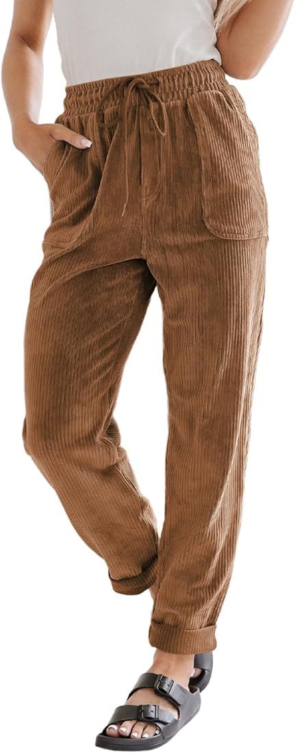 EVALESS Corduroy Pants for Women Casual Drawstring Elastic High Waist Straight Leg Pants Loose Co... | Amazon (US)