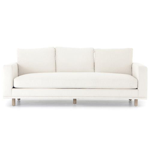 Mon Modern Classic White Upholstered Performance Natural Wood Sofa - 85"W | Kathy Kuo Home