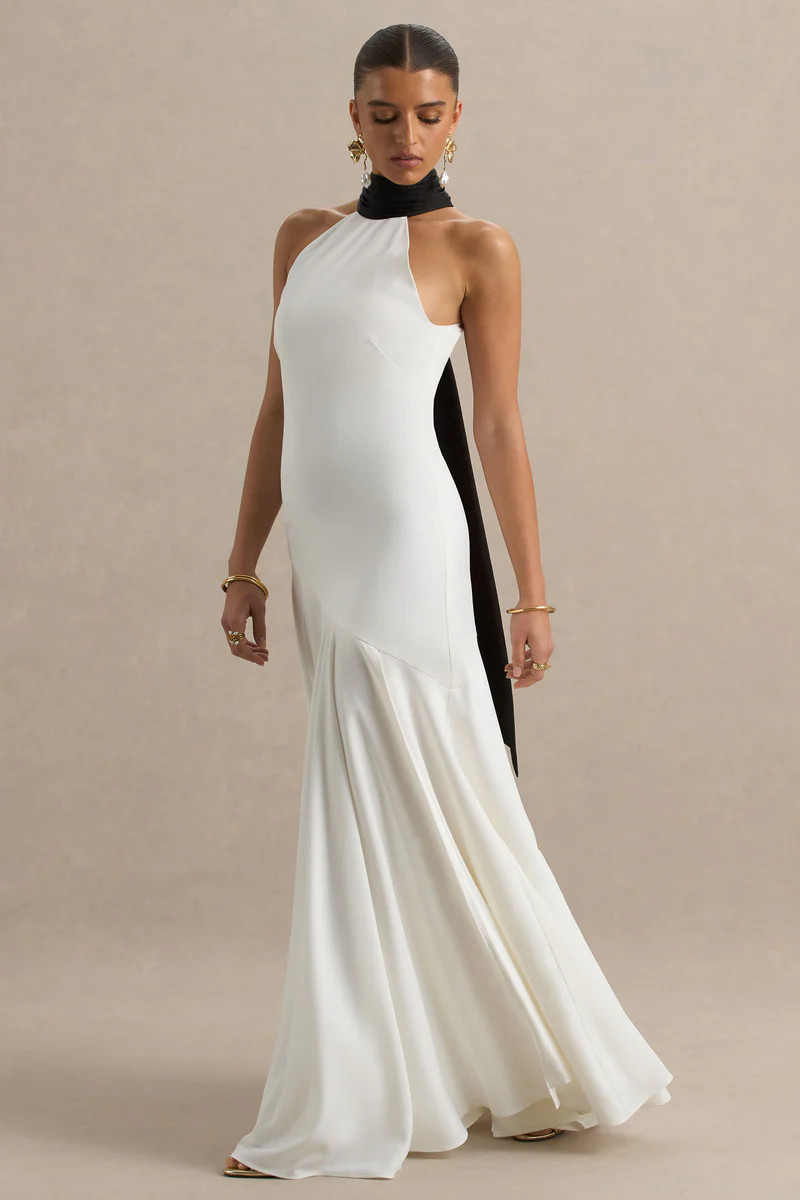 Luscious  White And Black High-Neck Maxi Dress With Drop-Waist And Bow Detail | Club L London