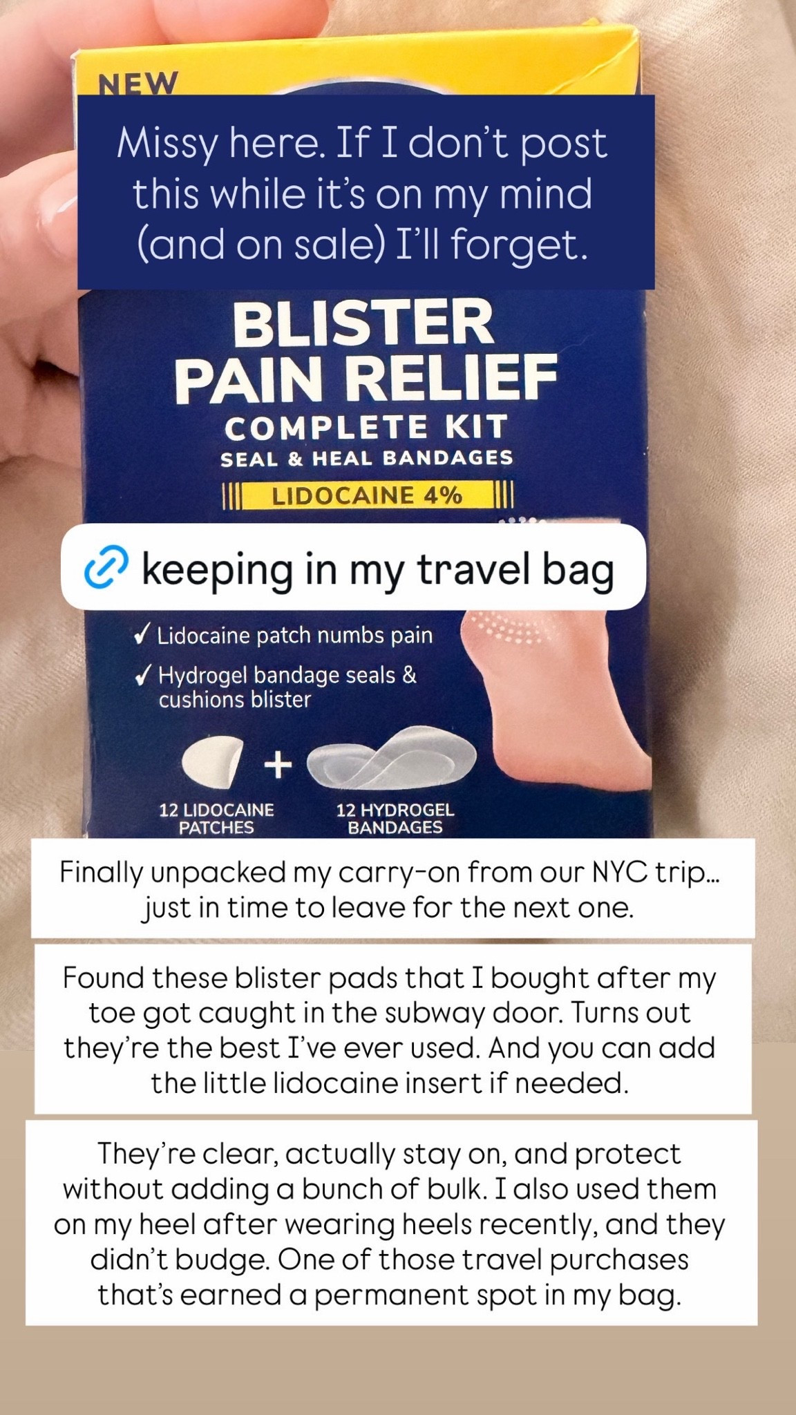 Another travel essential: These blister pads! They are literally the best I’ve ever used. They come with an optional lidocaine insert for extra relief too. They’re clear, stay put and don’t slide off or come loose (even tested in heels), and most importantly, they do their job of blister protection and healing. These have earned a permanent spot in my travel bag.

#LTKTravel #LTKselfcare #LTKActive