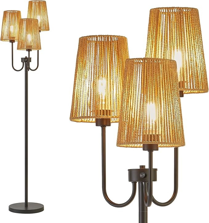 RORIANO Boho Floor Lamp for Living Room, 3-Light Rotary Switch Farmhouse Standing Bedroom Lamp wi... | Amazon (US)