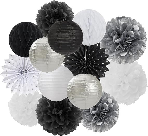 Black White Silver Party-Decorations Streamers-Lanterns - 14pc New Years Graduation 2024 Paper Fa... | Amazon (US)