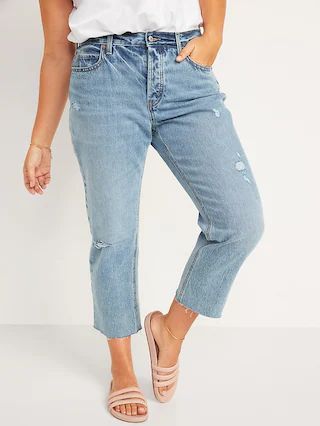 High-Waisted Button-Fly Slouchy Straight Distressed Cropped Jeans for Women | Old Navy (US)