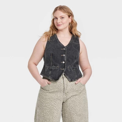 Women's Denim Vest - Universal Thread™ Black 26: Cotton, Midweight, Front Button, Adjustable Waist | Target