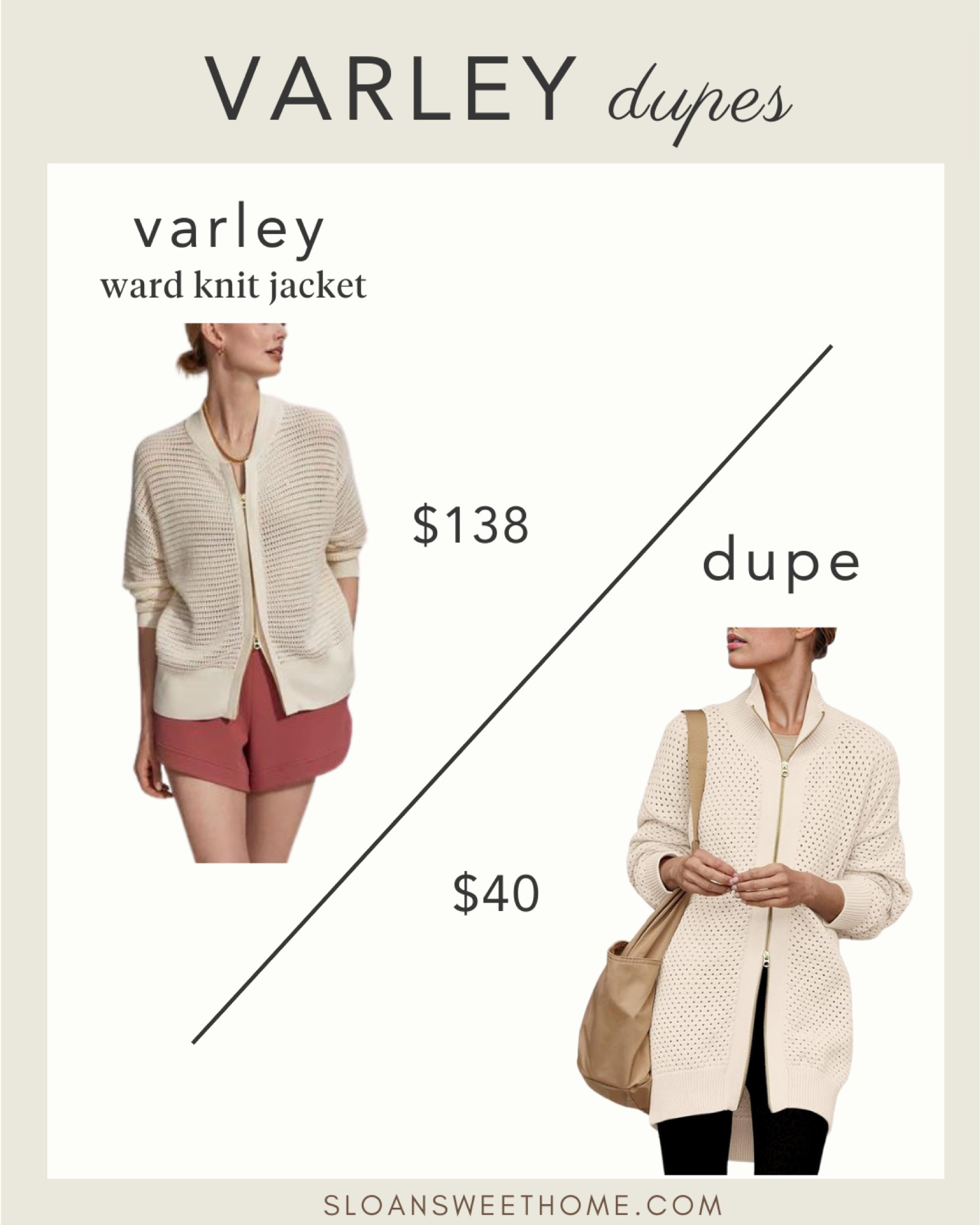Here are some amazing Varley dupes!  I love the luxury look of Varley, but not the expensive price.  These dupes look so similar to the original Varley, yet at a fraction of the cost.  You will be able to buy a lot of stylish pieces at these affordable prices.  Check out my other Varley dupe posts--I have 10 of them!

Varrley dupe
Varley sweater dupe
Varley sweatshirt dupe
Varley pants dupe
High end clothing 
Casual clothing 
Travel outfit 
Running errands outfit 
activewear
Look for less
splurge vs save
varley clothing 
varley sale
varley sweatshirt
varley sweater
varley leggings 
half-zip sweatshirt 
active apparel 
activewear
spring fashion
spring style
athleisure
elevated wardrobe 
luxury activewear 
mom style
casual style
athletic wear
summer style
designer looks for less
women's fashion
capsule wardrobe
#fashiondupes
#activewear
#looksforless


#LTKtravel #LTKworkwear #LTKActive