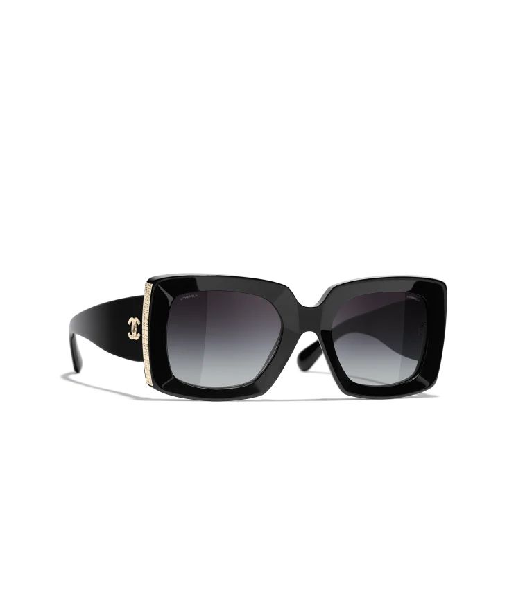 Rectangle Sunglasses

            Acetate
	
		Black & Gold. Lenses: Gray, Gradient | Chanel, Inc. (US)