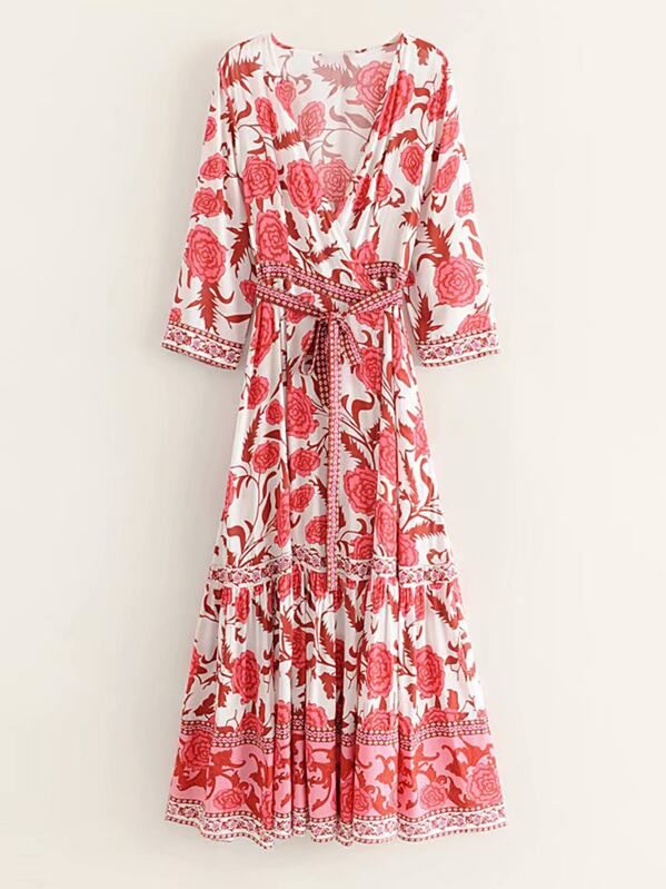 Allover Floral Print Surplice Belted Dress | SHEIN