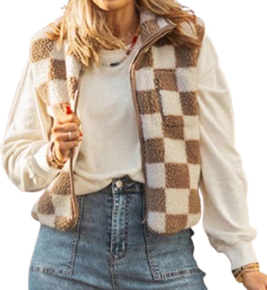 Checkered Fleece Vest Women Casual Sleeveless Zip Up Fuzzy Sherpa Jacket Winter Plaid Gilet Outer... | Amazon (US)